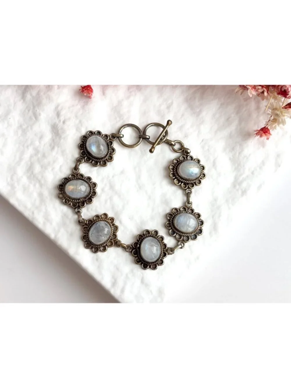 Iridescent Moonstone Vermeil Floral Sterling Silver 925 Vintage Bracelet